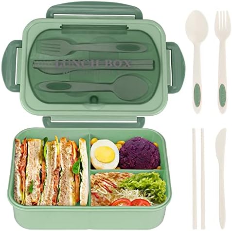 Bento Box for Adult, 1200 ML Lunch Containers for Adults, LeakProof Lunch Box with Utensils, BPA Free, 3 Compartment Bento Box Microwave Safe, Green