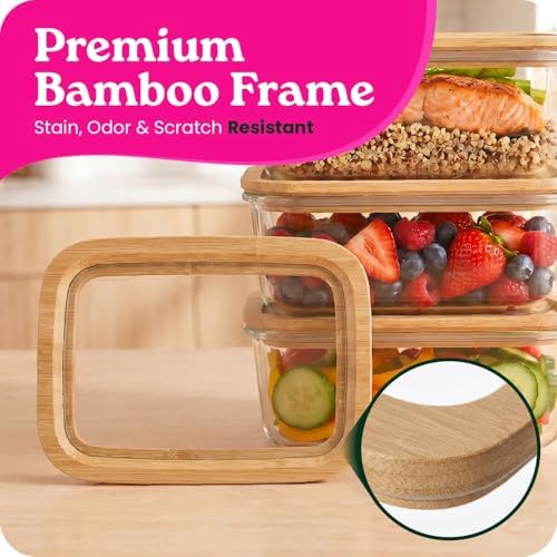 4-Pack Glass Food Storage Containers with Glass Lids & Bamboo Rim – Plastic Free 27 Oz Glass Meal Prep Containers for Lunch, Eco Friendly Airtight Food Storage, Microwave & Oven Safe