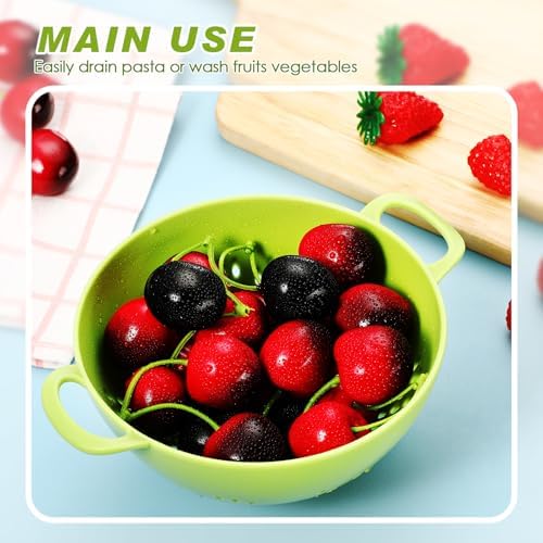 Baderke 4 Pack Mini Colander for Kitchen Plastic Berry Strainer with Double Handles 7.5 x 6 x 3 Inch Small Colander Strainer for Fruits Vegetables Food (Lemon Yellow,Green,Purple,Red)