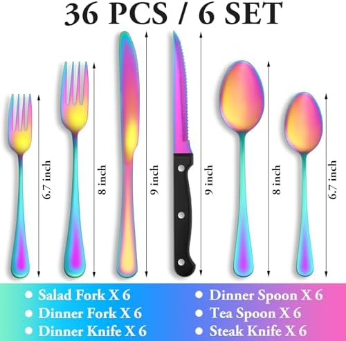36 Pcs Rainbow Silverware Set with Steak Knives, Stainless Steel Flatware Cutlery Set for 6, Kitchen Tableware Sets, Utensil Sets for Home and Restaurant, Dishwasher Safe