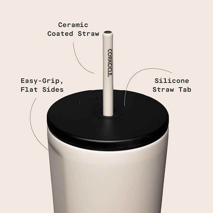 Corkcicle Cold Cup Insulated Tumbler with Straw - Keeps Drinks Cold for 12 Hours - Triple-Insulated Stainless Steel - Leak-Resistant Lid - Summer Drinkware Gift - 24 oz - Latte