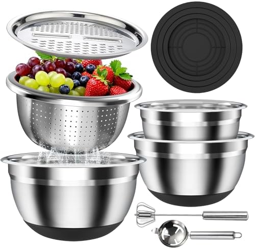 Stainless Steel Mixing Bowls Set with Lids & Silicone Base,7‑Piece Set
