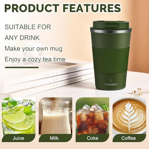 MOMSIV 12oz Travel Coffee Mug, Insulated Coffee Cup with Leak Proof Lid