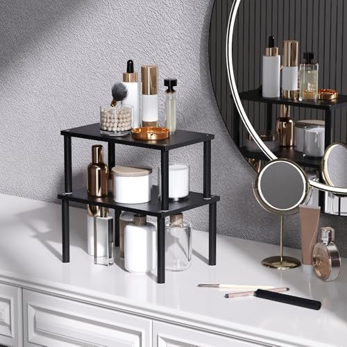 VERTORGAN 2 Pack Cabinet Organizer Shelf,Bamboo Countertop(Medium,Black)