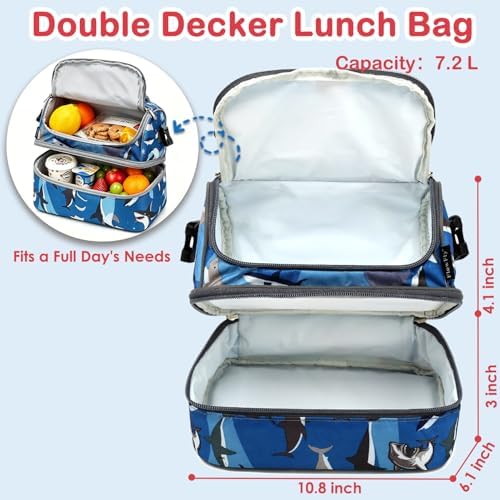 FlowFly Kids Double Decker Cooler Insulated Lunch Bag Large Tote for Boys, Girls, Men, Women, With Adjustable Strap, Shark