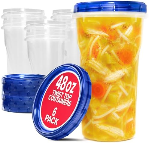 Stock Your Home 48oz Plastic Containers with Twist Top Lids (6 Pack), 1.5 Quart Freezer Containers with Lids for Leftover Food, Airtight Reusable Soup Containers, Microwave and Dishwasher Safe