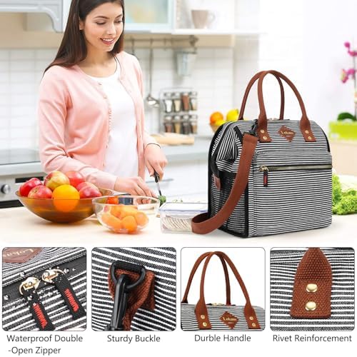 LOKASS Lunch Bag Insulated Lunch Box Wide-Open Lunch Tote Bag with Removable Shoulder Strap for Women/Men Adults Work Picnic Beach Travel(Stripes)
