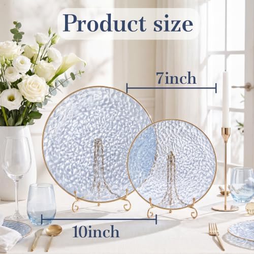 Rubtlamp 60Pcs Clear Blue Plastic Plates, Hammered Blue Plates, Clear Fancy Disposable Plates With Gold Rim Include 30 Dessert Plates, 30 Dinner Plates for Party