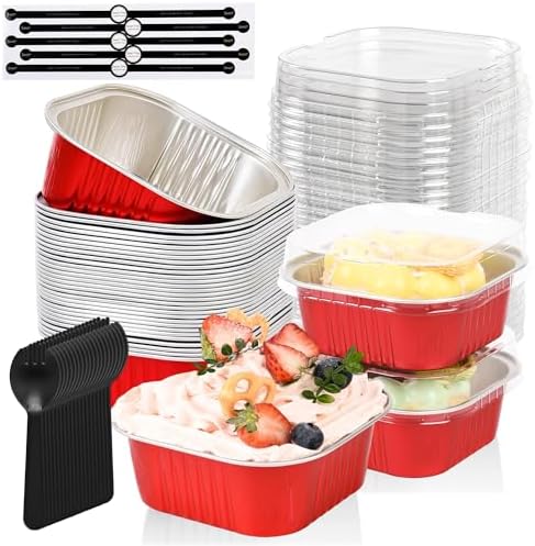 100 Pcs Mini Cake Pans with Lids, 5oz Square Aluminum Foil Brownie Baking Cups, Dessert Cupcake Cups with lids, Disposable Loaf Pans Cupcake for Wedding Birthday Party (Red)