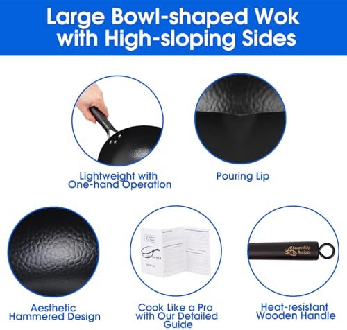 Souped Up Recipes 13.4 Inch Carbon Steel Wok For Electric, Induction and Gas Stoves (Lid, Spatula and User Guide Video Included)