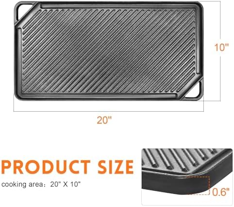 GGC Reversible Cast Iron Griddle, 20 x 10 Rectangular Griddle Pan