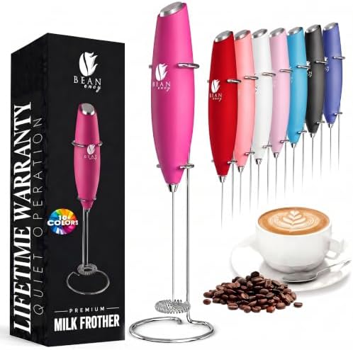 Bean Envy Milk Frother Handheld - Coffee Mixer Wand with Stand - Raspberry