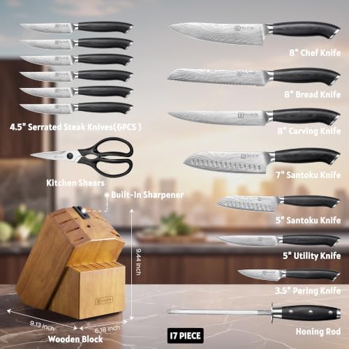 Paudin Knife Set, 17-Piece Kitchen Knife Set With Block, Built-In Sharpener