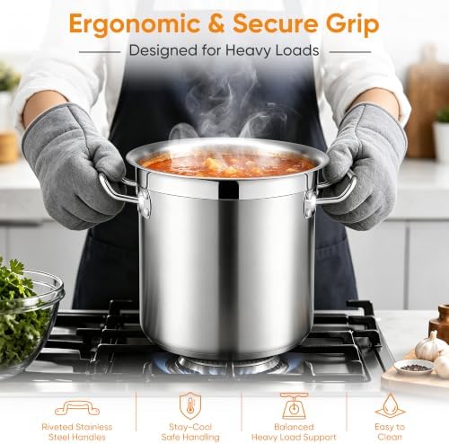 E-far 12 Quart Tri-Ply Stock Pot with Lid, Stainless Steel Cooking Pot
