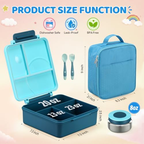 Itslife Bento Lunch Box for Kids with 8oz Soup Thermo&Lunch Bag, Leak-Proof Lunch Food Containers with 4 Compartment, Hot Food Insulated Food Jar for Kids School (Blue)