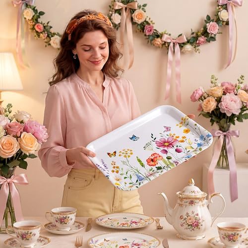 Vesici 4 Pack Wildflower Melamine Serving Trays, 13 x 10 in Rectangular Decorative Platters, Floral Boho Snack & Appetizer Trays for Parties, Buffet, Home Decoration, Multicolor