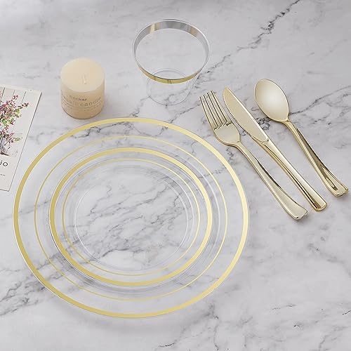 BESTVIP 200PCS Clear Gold Plastic Plate, Disposable Party Plates