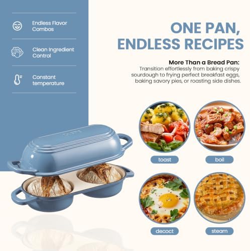 Double Dutch Oven for Bread Baking,Mini Cast Iron Sourdough Loaf Pan(Blue)