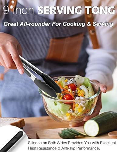 Anaeat Non-Stick Silicone Locking Tong Set of 2 - Stainless Steel 9" and 12" Kitchen Food Tongs with Non-Slip Silicone Tips and Grip for Cooking, Baking and BBQ - Heavy Duty & Heat Resistant (Black)