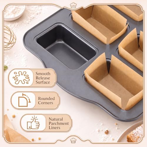 2 Pack Mini Loaf Baking Pans, Nonstick Rectangular Cake Baking Pans Black Carbon Steel Bakeware Set with 400 Sheets Cross Cut Parchment Paper, Heavy Duty Brownie Lasagna Bread Pan for Oven