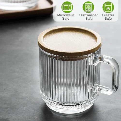 Mfacoy 4 PACK Glass Coffee Mugs with Handle & Spoon, 12 OZ Glass Coffee Cups with Bamboo Lid, Ribbed Glass Cups, Clear Tea Cup for Hot/Cold Beverages, Glassware Set for Americano, Latte, Cappuccino