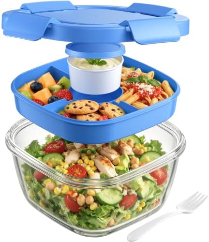 Canfanni Glass Salad Container, 56oz Bowl with Airtight Lids, Tray, Fork
