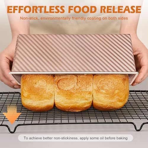 3Pack Pullman Loaf Pans with Lids – 2.2 LB & 1 LB & 1 LB Dough Capacity, Non-Stick Carbon Steel Bread Pans for Homemade Sandwich and Sourdough Bread, Corrugated Toast Mold