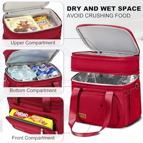 MAPLELILY Lunch Box for Men Women - Double Deck Insulated Lunch Bag, Large Leak Proof Tote Cooler, Wide Open Dual Compartment Lunch Bags with Shoulder Strap, For Work Picnic Hiking Beach, Red