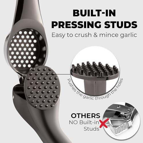 Zulay Kitchen Premium Garlic Press Set – Rust Proof & Dishwasher Safe Garlic Mincer Tool with Silicone Garlic Peeler & Brush, Easy Squeeze & Clean, Ergonomic Soft Grip Handle - Medium – Dark Gray