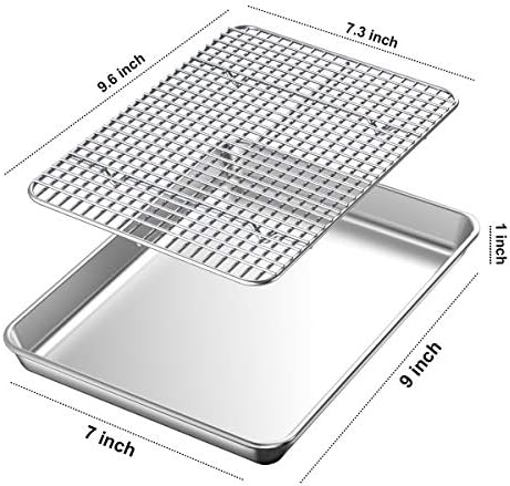 Baking Sheet with Rack Set [2 Pans + 2 Racks], Wildone Stainless Steel Cookie Sheet Baking Pan Tray with Cooling Rack, Size 10 x 8 x 1 Inch, Non Toxic & Heavy Duty & Easy Clean