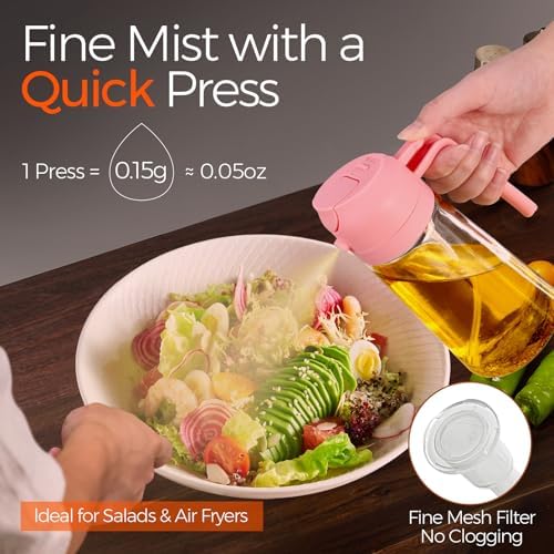 YARRAMATE 16 oz 2-in-1 Glass Olive Oil Sprayer for Cooking, Pink