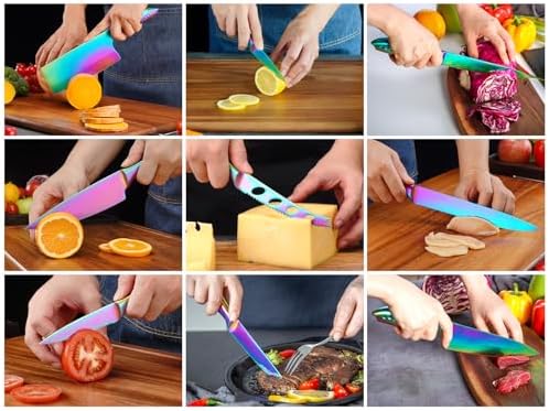Rainbow Knife Block Set 27-Piece, Iridescent German Stainless Steel Kitchen Knives Set with Wooden Holder, Colorful Titanium Coating, Include Scissors and 2-Stage Built-in Sharpener and 8pcs Gadgets