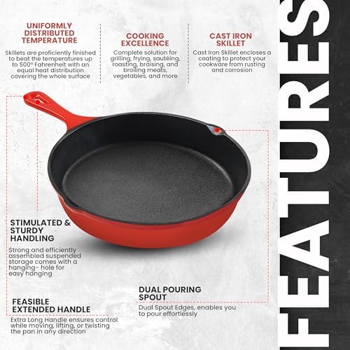 Utopia Kitchen Cast Iron Skillet Set 3 Piece 6 8 10 Inch PFAS-Free Red