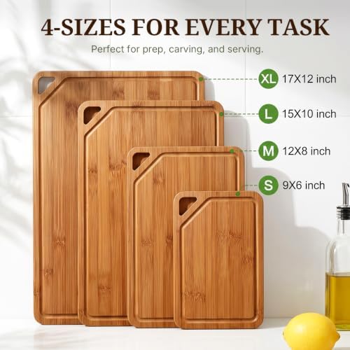 GASHELL Bamboo Cutting Board Set with Beeswax Coating for Kitchen(S+M+L+XL)