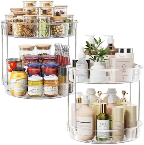 LAMU 2 Pack 2 Tier Lazy Susan Turntable Organizer 12inch Rotating Spice Rack Organization for Cabinet, Kitchen, Pantry, Countertop, Bathroom, Vanity, Medicine Cabinet Organizer, Clear