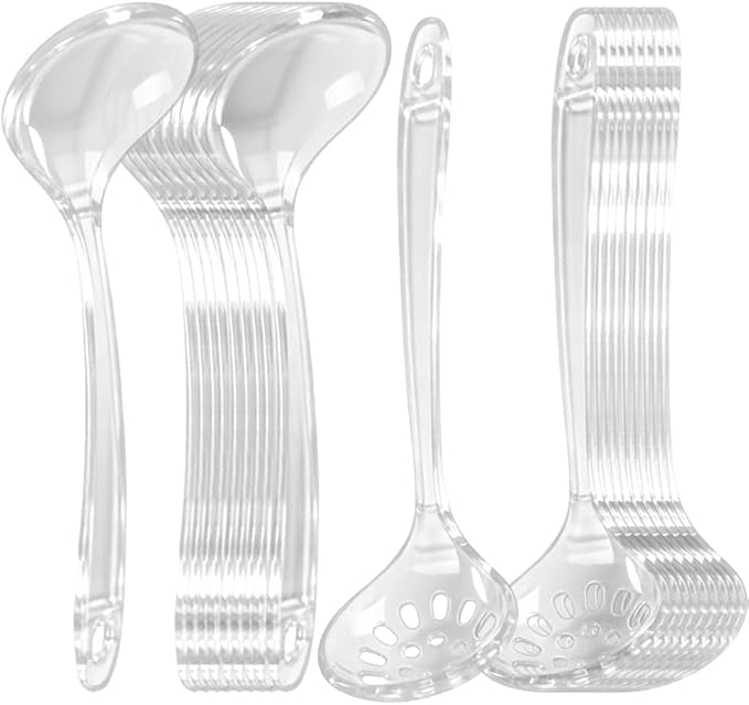 Large Plastic Serving Spoons,Disposable Heavy Duty Serving Spoons,Long Handle Scoop Soup Rice Ladle for Party Catering Buffet Restaurant,20 Pieces (10 Clear Colander +10 Clear Spoon)