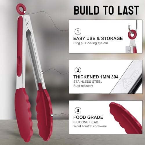 HOTEC Premium Stainless Steel Locking Kitchen Tongs with Silicon Tips, Set of 2-9" and 12"(Red)