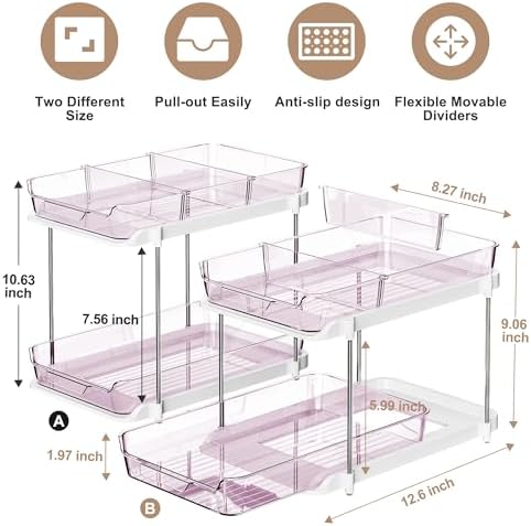 Delamu 2-Tier Multi-Purpose Bathroom Under Sink Organizers and Storage, Stackable Kitchen Pantry Organization, Pull Out Medicine Cabinet Organizer with Movable Dividers, Purple, 2 Pack