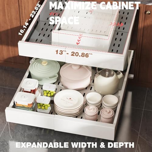 Seinloes Pull Out Cabinet Organizer,4-Side Expandable to Maximize Cabinet Space,Slide Out Drawers with 3 Rail Design,Roll Out Shelf with Raising Pad for Framed Cabinet,13"-21"W x 17"-24"D,White,4 Pack