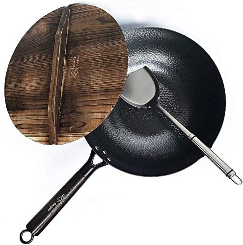 Souped Up Recipes 12.5 Inch Carbon Steel Wok For Electric, Induction and Gas Stoves (Lid, Spatula and User Guide Video Included)