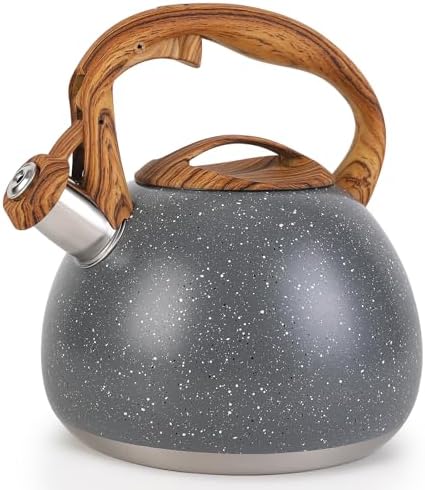 Tea Kettle, Vegoran 100 OZ / 3 Liter Whistling Tea Kettle, Tea Pots for Stove Top Food Grade Stainless Steel with Wood Pattern Folding Handle, Loud Whistle Kettle for Tea, Coffee, Milk (Gray)