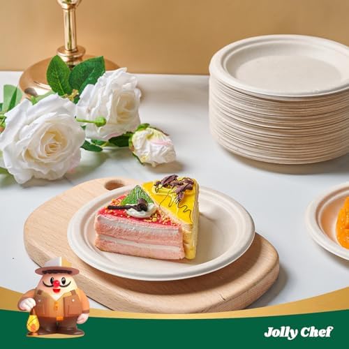 JOLLY CHEF 100% Compostable Small Paper Plates, 200 Pack 6 Inch Heavy Duty Dessert Plates, Disposable Biodegradable Eco-Friendly Sugarcane, Bulk Nature