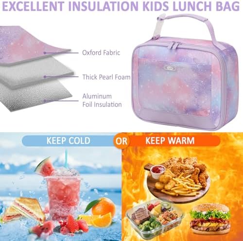 Tenot Lunch Box Kids Insulated Lunch Tote Bag Light Purple Starry Sky