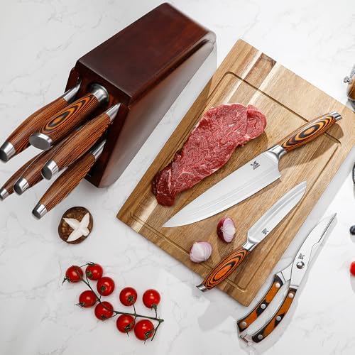 MSY BIGSUNNY 9pcs Knife Block Set, German Steel Kitchen Knife Set with Bone Chopper, Precious Pakkawood Handle for Chef Knife Block Set
