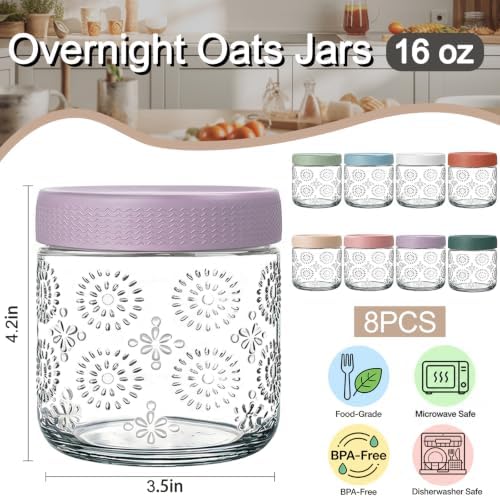 8 pack 16 oz Overnight Oats Containers with Lids, Glass Food Storage Container, Salad Jars, Mason Jars for Overnight Oats, Yogurt, Oatmeal, Salad, Coffee, Spices