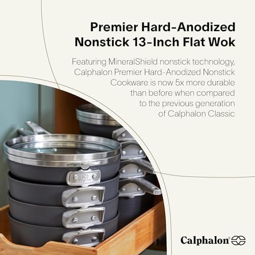 Calphalon Premier Hard-Anodized Nonstick Flat Bottom Wok Pan, Black, 13 In