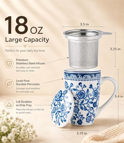 AmorArc Tea Cup With Infuser and Lid, 18oz Loose Leaf Tea Mug With Steeper
