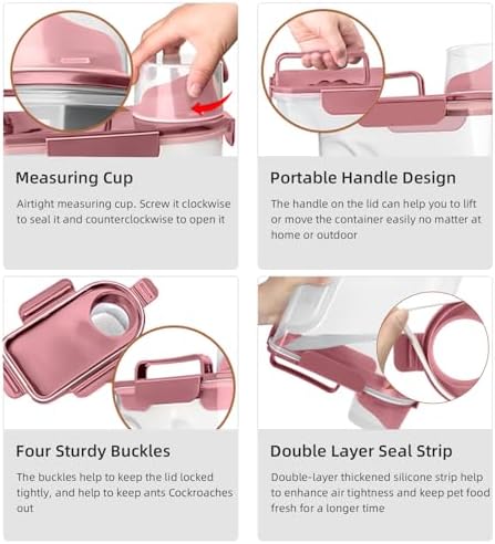 LEAWALK 5-7Lbs Dog Cat Food Storage Container with Upgraded Large Nozzle BPA-free, 4 Snap Seals Plastic Pet Food Storage Containers with Handles (Rose Pink, 5L-1pack)