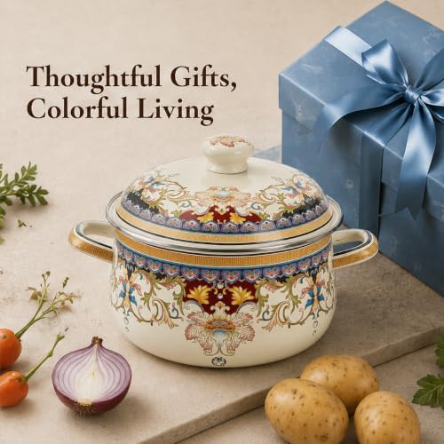 2.5 Qt Enamel Stock Pot with Lid, Floral Soup Pots for Cooking
