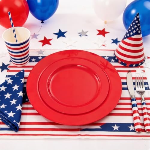 FLOWERCAT 60PCS Red Plastic Plates - Heavy Duty Red Plates Disposable for Party - Include 30PCS 10.25inch and 30PCS 7.5inch for 30 guests Birthday Party & Events &4th of July